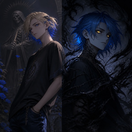 Anime male grandsons of the goddess of death,very excited boy with blonde hair and died blue tips hair styled with being up to neck length and one side having hair clips and his top hair is more bushed nice up his other side of hair being loosed with no hair clips and blue eyes casual clothes has the power of death and always looks at the good things in life When a friend or family member gets really extremely harm to possibly no return his dark side will come out his skin become gray his hair becomes full blue his tips a more dark blue his eyes become a bright shining yellow no pupils his sclera becomes black his powers become extremely strong very dangerous to be near him when he unleashes his full powers he will also have black swirls around him when this happens