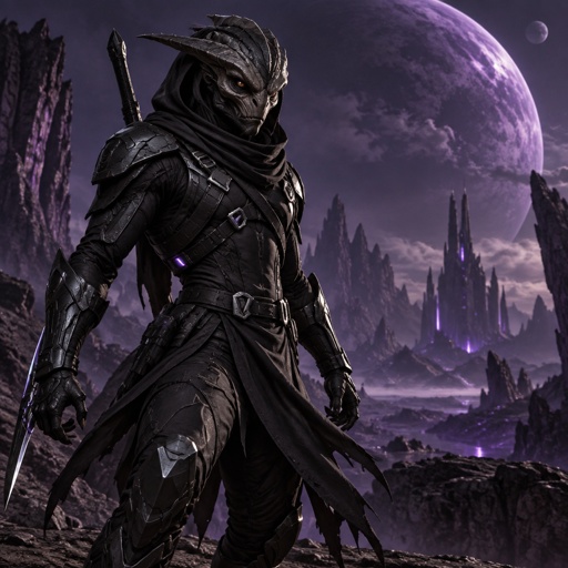 A alien beast in a futuristic black ninja Assassin space suite. On a dark purple planet background 