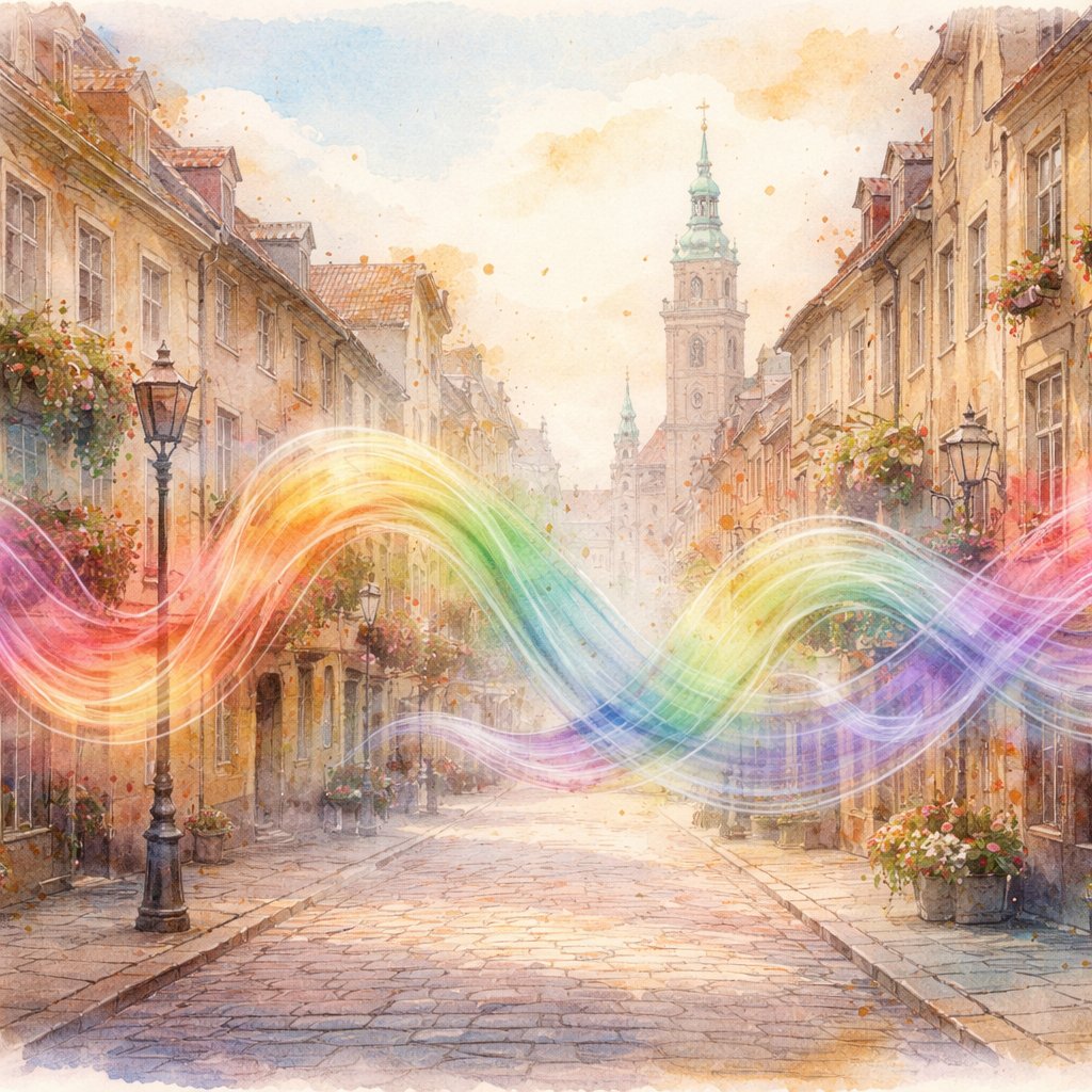 No character, no speech bubbles, lovely delicate sound waves colourful, transparent float through an old-fashioned European city