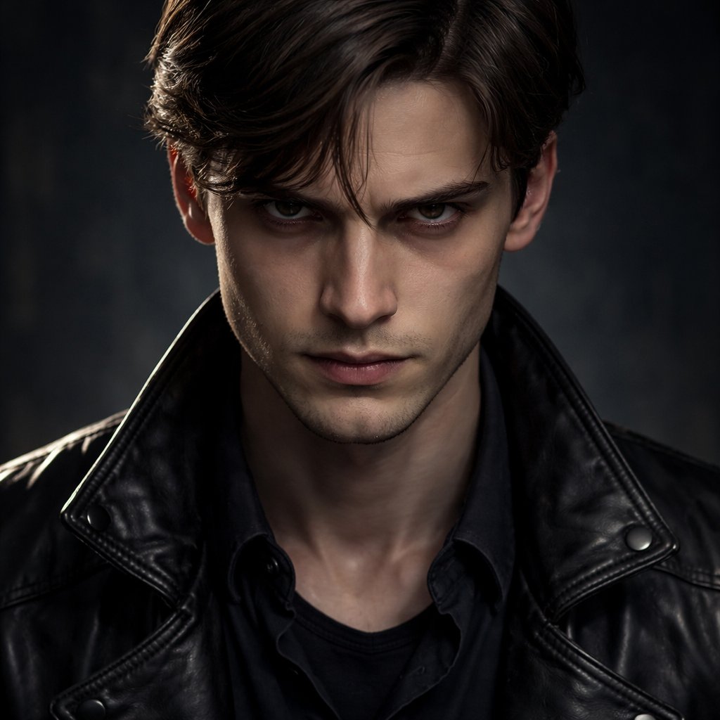 A 24 year old boy who has brown hair that goes off to the side and dark brown eyes. He looks evil.