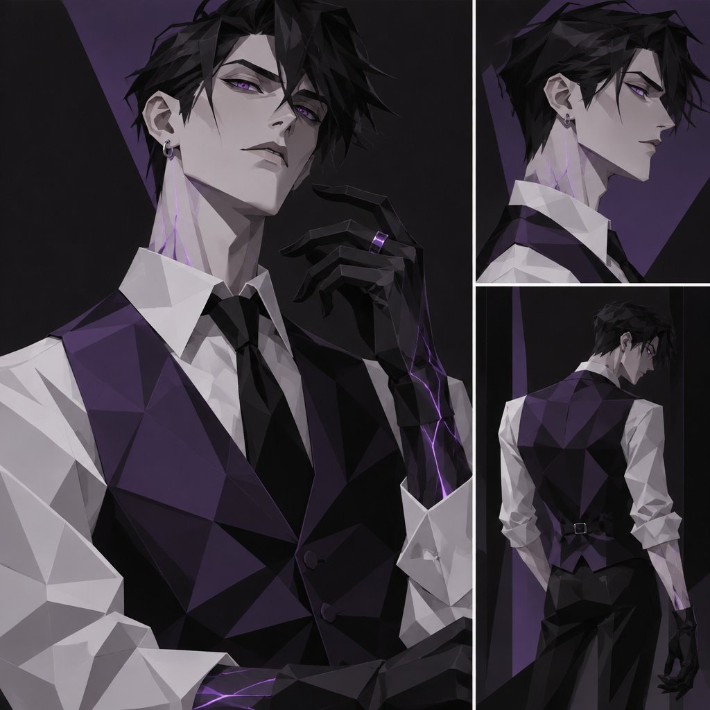 Male, slim, black messy hair, back hair, brushed side hair, strands of hair in the middle of forehead, ear piercing ring, gloves, purple glowing veins, purple vest, white shirt, no facial hair, bad guy,