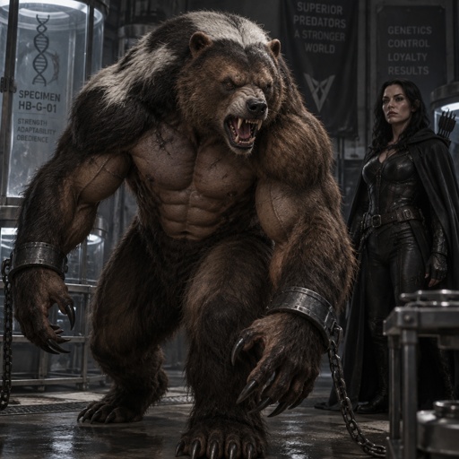 He is a honey badger mixed with a grizzly bear and human. Created in lab by the dark huntress. A muscular villain. 