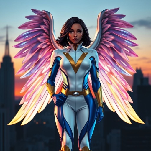 African American female superhero with shoulder length hair in a side part style and holographic wings wearing a homemade white and blue suit with gold accents and blue pants with a stylized V as her chest emblem wearing gold flat boots made of gold fire standing in Philadelphia at dusk
