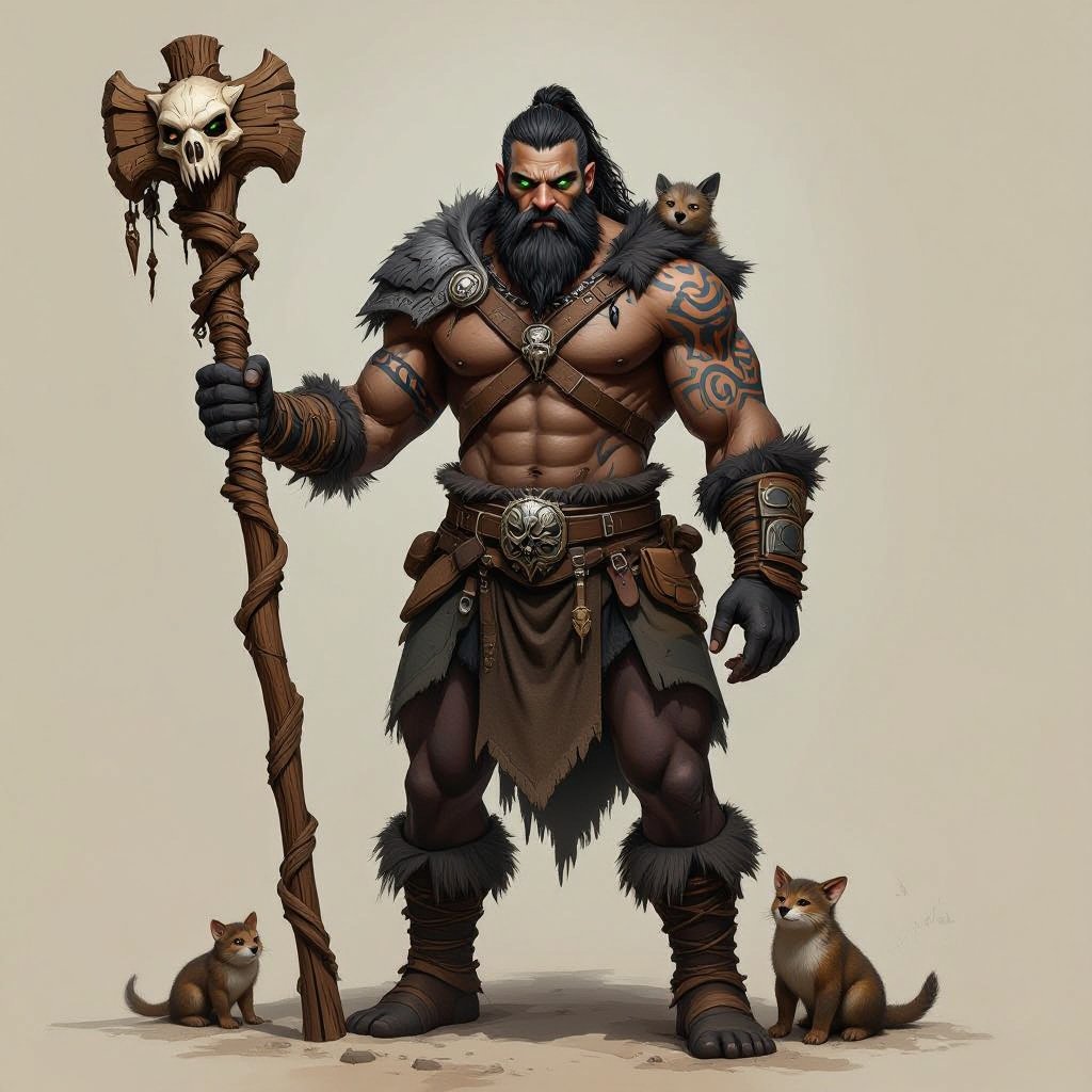 Kael the Beastbound – A rugged, broad-shouldered man with black skin and a rough beard, wearing armor made from bone and leather. deep green eyes tattoos of animal tracks spiral down his arms. He carries a massive wooden staff carved with the shapes of beasts, and small creatures often perch on his shoulders or follow at his feet.