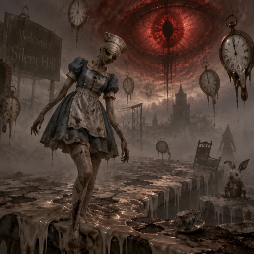 Silent hill with the nurse from the silent hill movie but in Alice’s dress from Alice in wonderland 