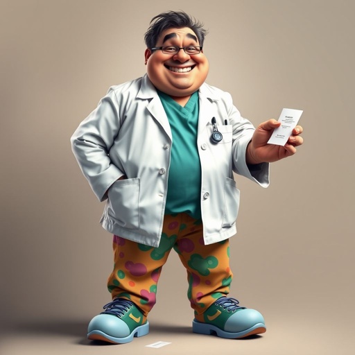 .. create a fat doctor. Who is funny human looking from head to toe. And he always immediately results to surgery for anything even small things. So please be sure to show his whole outfit head to toe. Make him have 1 tooth. Make it more adult humor instead of cartoon humor.