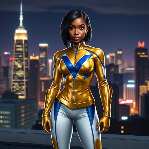 A young African American female superhero with shoulder length hair in a side part style wearing a gold and white suit made of a leather like spandex material with blue accents with white pants and gold boots with a stylized V as her chest emblem standing ona roof in a Philadelphia at night