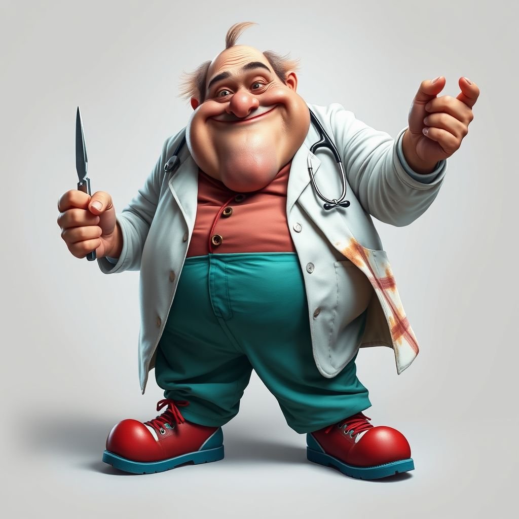 create a fat doctor. Who is funny human looking from head to toe. And he always immediately results to surgery for anything even small things. So please be sure to show his whole outfit head to toe. Make him have 1 tooth