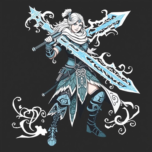 Create a battle woman hero called Alvara the Frostheart. Show full body head to toe including shoes 