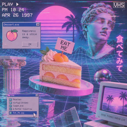 Slice of vanilla peach cake with a sign that says eat me 