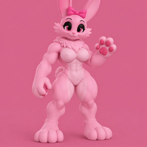 Pinki from Sprunki as her kind WereRabbit self noticing that she’s getting bigger and stronger with her feet looking like WereRabbit paws and her hands looking the same with her eyes turning black and her pupils turning pink with her chest getting more muscular and her boobs getting a little bigger and her legs bulking out to be as muscular as her arms as her neck gets fluffier and her head gets more fur with her cheek fur originally being flush with her face sticking out with her ears turning into a WereRabbits and her pink bow stays on her head 