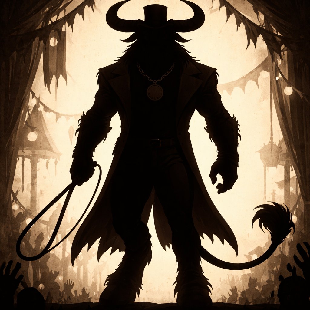 A male chestnut brown Minotaur with deep set cattle like brown eyes, large powerful gleaming horns like his fathers, a well~proportioned figure/body at lest 6 foot tall, long tail. He works at freak show as the ringmaster and his abilities are Reality Rejection, Time Manipulation (Chronokineses), Zoolingualism (Language of Cattle only), Human Speech. His mother is a human with half-animal (Cretan Cattle) physiology and his father is a Cretan Bull.