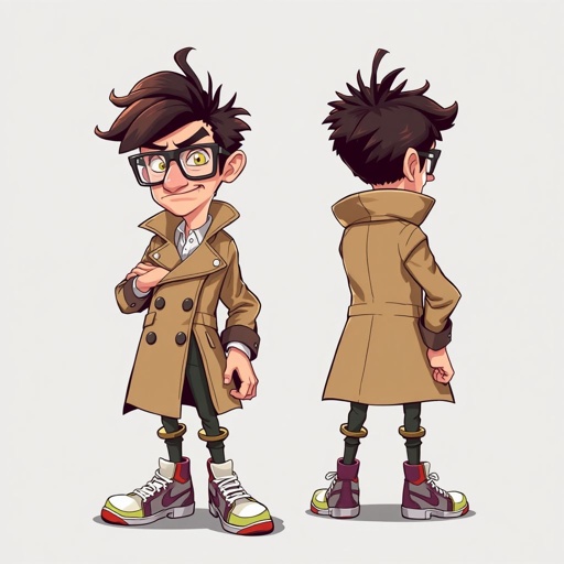 Create a character who is a goofy looking detective, who is confident. But funny looking and grouchy . With cool shoes on.