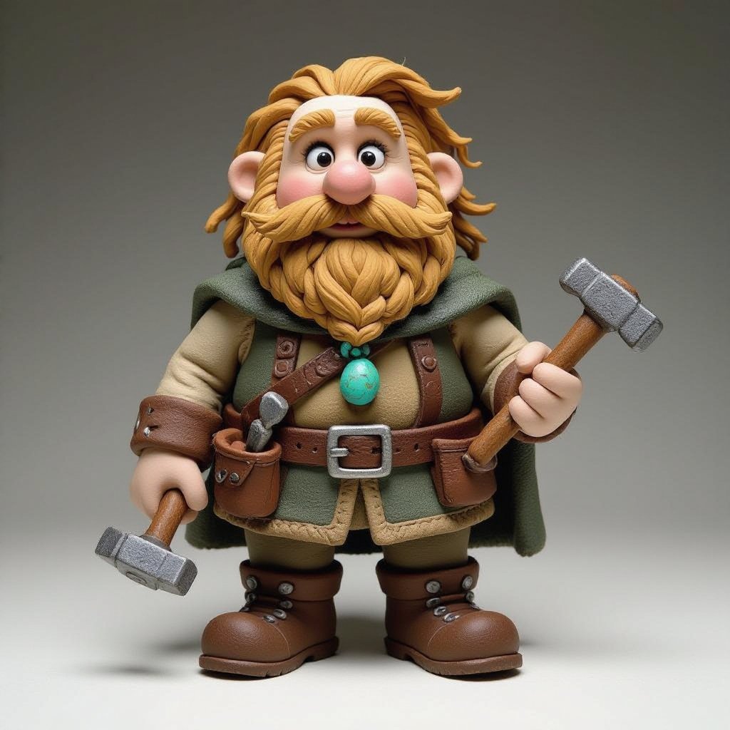 Create a stocky dwarf with a weathered face, braided beard tucked into his belt, and straw-tousled hair. Wears a soot-stained cloak over a leather smith’s vest, tool belt with hammer and chisels, heavy boots. Subtle turquoise rune glow from a pebble at his neck,