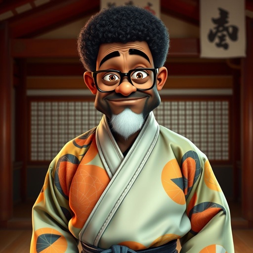 Create a funny looking African sensei. Show the whole character from head to toe and make him serious.