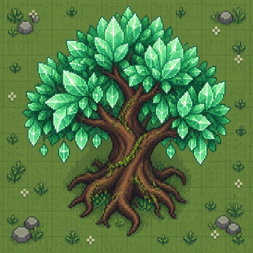 Glasswood Tree dark trunk with translucent, crystal-like leaves, lots of leaves,  for a fantasy place that’s in modern times, in all the seasons, top down style, 