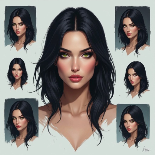 Show character head to toe. Create a mid age fantasy woman jet-black hair is cut sharpand her eyes seem to pierce through darkness. A shadowy aura clings to her form,