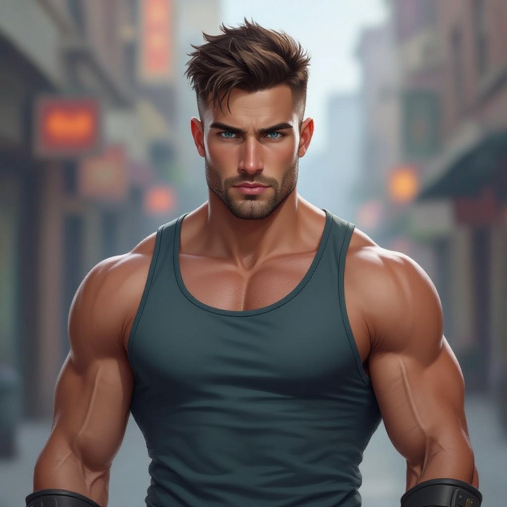 Mężczyzna. Wysoki o muskularnej budowie. Obcięty na jeżyka brązowe włosy. wygolone boki na zero. Włosy ulizane na bok. Delikatny zarost.  Orli nos. Pyzata twarz. Wąskie usta i jasne niebieskie oczy. Sportowiec. Ubrany w koszulkę bez rękawów zasłaniającą brzuch