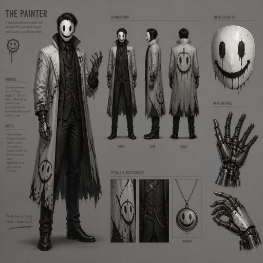 Male villain, white mask with smiley face on it, robot hands