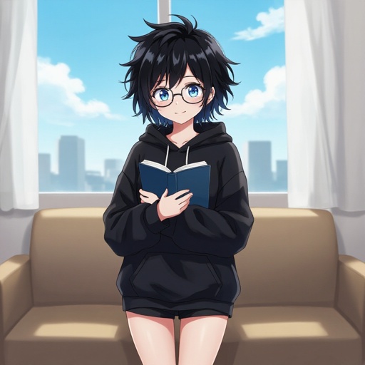 a girl with a flap chest, wears a oversized black hoodie and black shorts, has very short black, messy hair, beautiful blue eyes, wears perscription glasses, holding a book close to her chest, cute and beautiful, a my hero academia animation