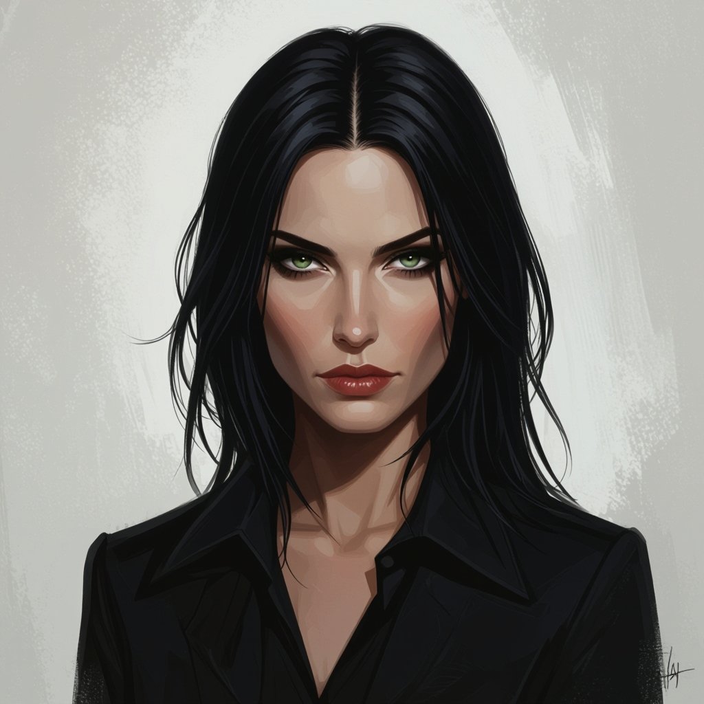 Show character head to toe. Create a mid age mysterious woman jet-black hair is cut sharpand her eyes seem to pierce through darkness. A shadowy aura clings to her form,