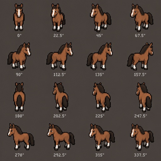 Horse for a fantasy game set in modern times, 360, top-down style, different colors