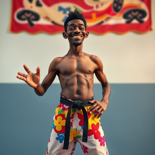 Create a character who looks like a funny African karate guy who doesn’t have a clue what he is doing. Make him have weird toes, only speedos on and a black karate belt. Make him tall skinny and slinky.