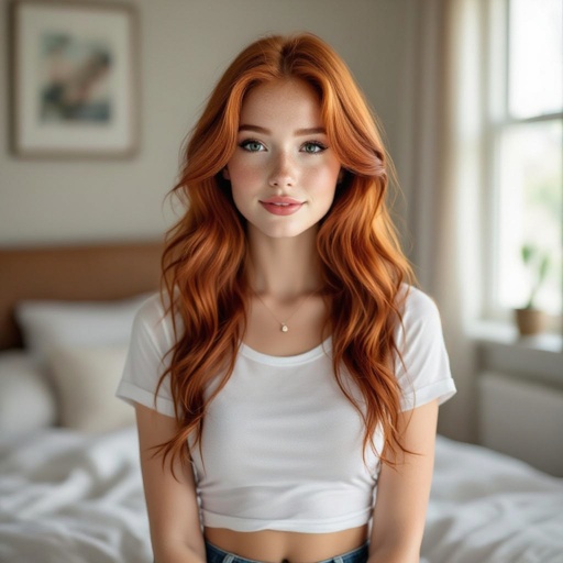 A red haired girl in bed room wearing a white cropped shirt with a navel piercing 