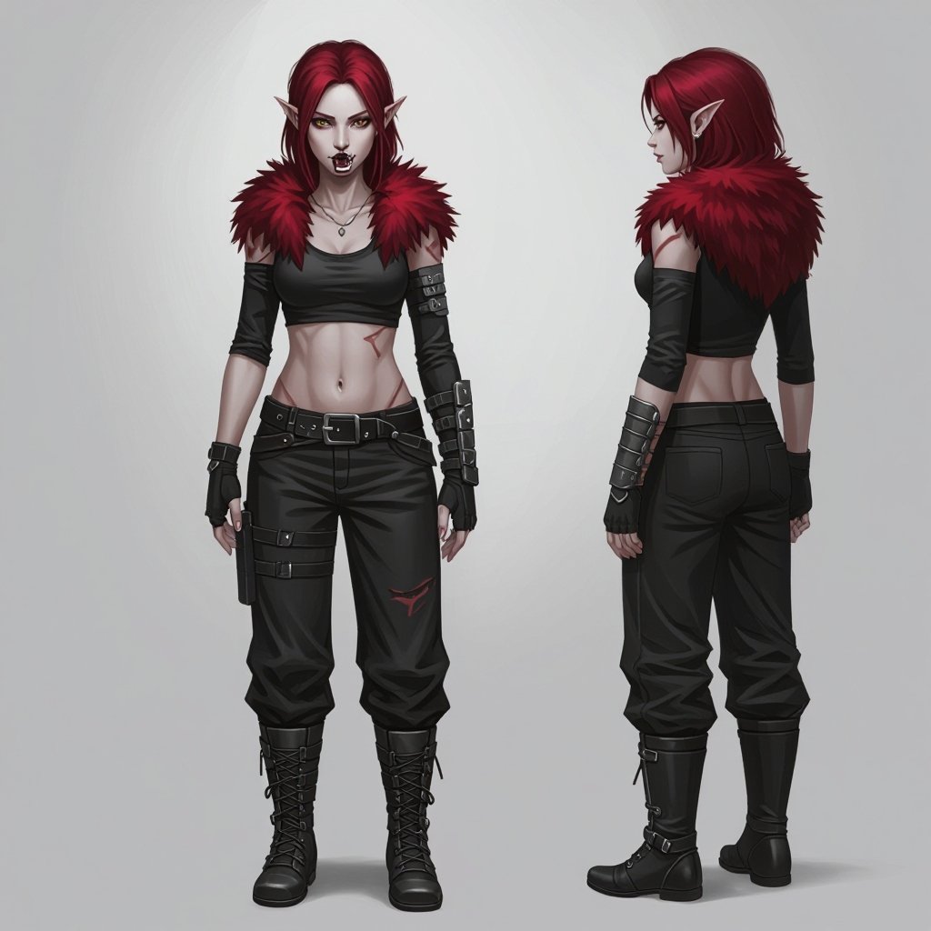 Full body Pale skin, grey eyes, sharp canines and molars, dark red fluffy hair, small scars over body. Wears skin tight long sleeves and baggy pants, metal boots and black leather fingerless gloves.