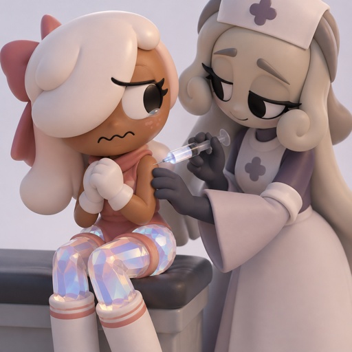 Ginger from Dandy’s world getting injected with purified Ichor by Delilah keen to keep Gingers opalite curse suppressed but her legs and hips and waist are opalite with her socks having opalite crystals around the top of the socks