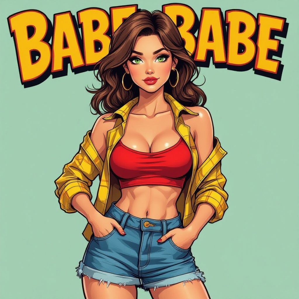 Light brown hair babe in denim mini skirt overalls and tube top. Green eyes Yellow unbuttoned flannel 