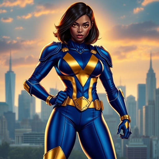 African American female superhero with hair  in a shoulder length side part hairstyle with pure Gold Glowing eyes wearing  slightly armored royal blue white and gold accented suit with royal blue pants and gold knee length boots with a utility belt with a gold V  as her chest emblem in Philadelphia 