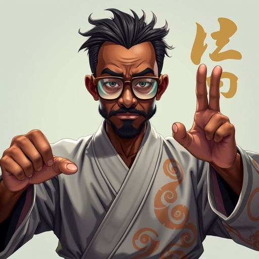 Create a funny looking African sensei. Show the whole character from head to toe and make him serious. 