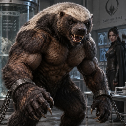 He is a honey badger mixed with a grizzly bear and human. Created in lab by the dark huntress. A muscular villain. 