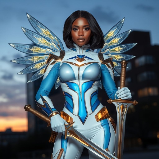 African American female superhero with shoulder length hair in a side part style and holographic wings wearing a homemade white and blue suit with gold accents and blue pants with a stylized V as her chest emblem wearing gold flat boots made of gold fire holding a large glowing broadsword in her hands standing in Philadelphia at dusk