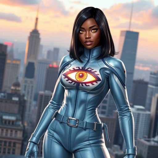 African American female superhero with hair in a shoulder length side part hairstyle with pure Gold glowing eyes wearing a leather light blue white and silver suit with light blue pants and silver boots and an Eye as her chest emblem in Philadelphia
