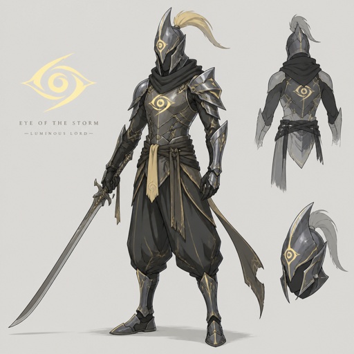 assassin, long curved sword, crested helmet, dark silver armor, luminous lord, baggy pants, eye of the storm mark, light yellow
