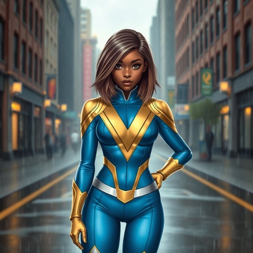 A teenage African American female superhero with shoulder length brown hair with light brown highlights in a side part style wearing a blue gold and silver suit with blue pants and gold boots with a stylized V as her chest symbol standing in Philadelphia while it rains