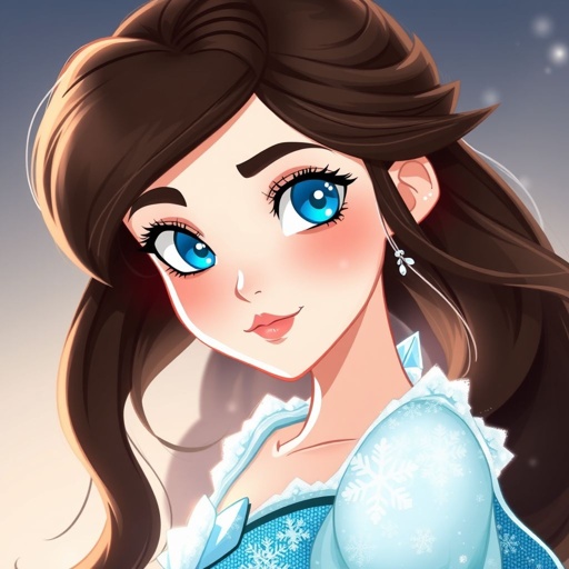 A teenage ice princess with dark brown hair and a white strand