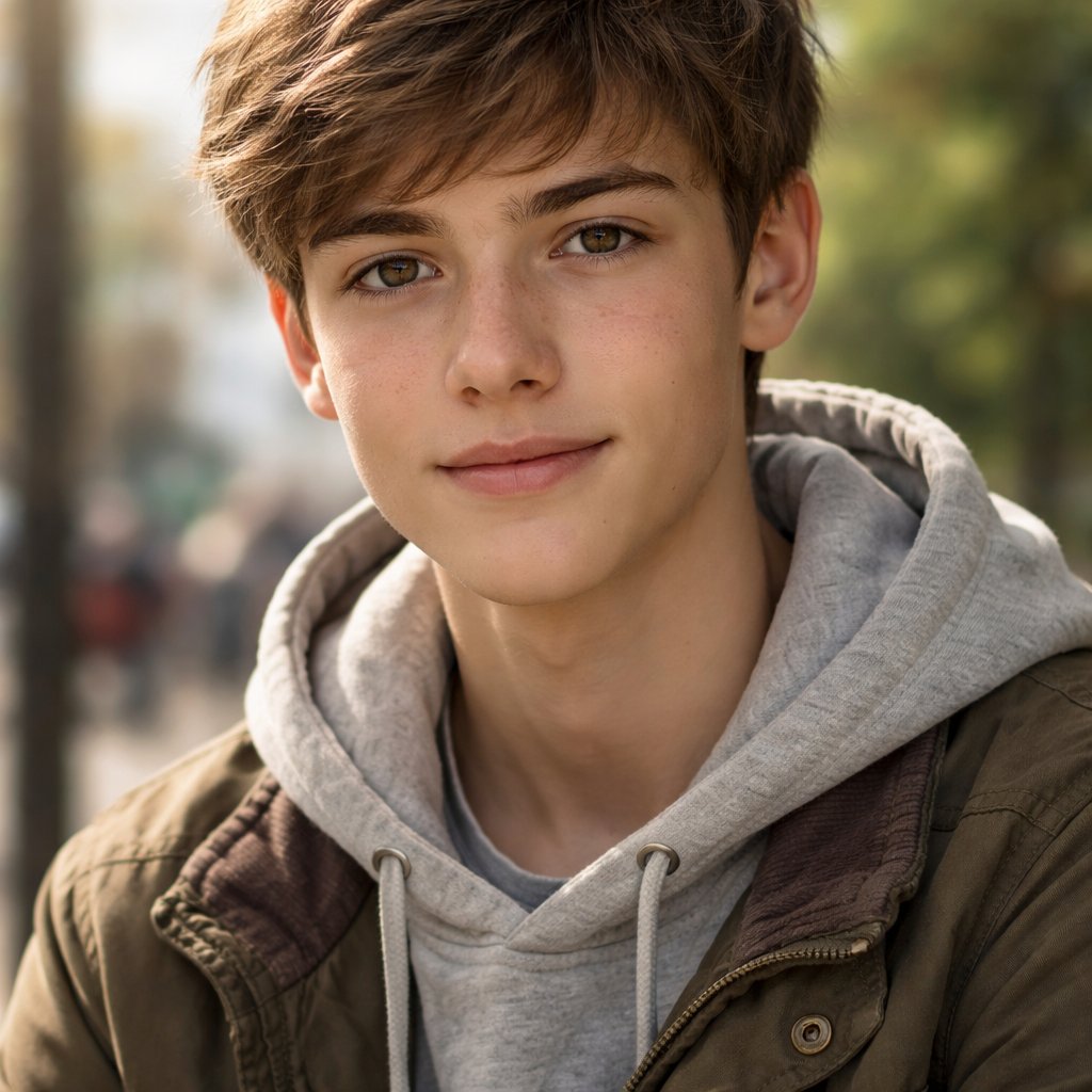 A 17 year old boy who has light brown hair and brown eyes.