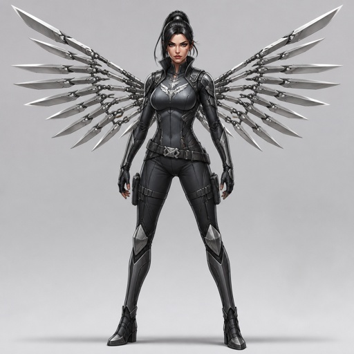 Female superhero a suit that has wings made of small silver knives that can be thrown armor ,design