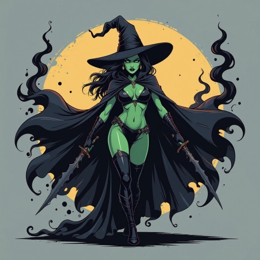 sexy shadow demon witch gypsy slate grey skin large black billowing cloak that emits darkness and shadow smoke. Two piece. Witches Hat.  Wields Black Evil Shadow Smoke Daggers
