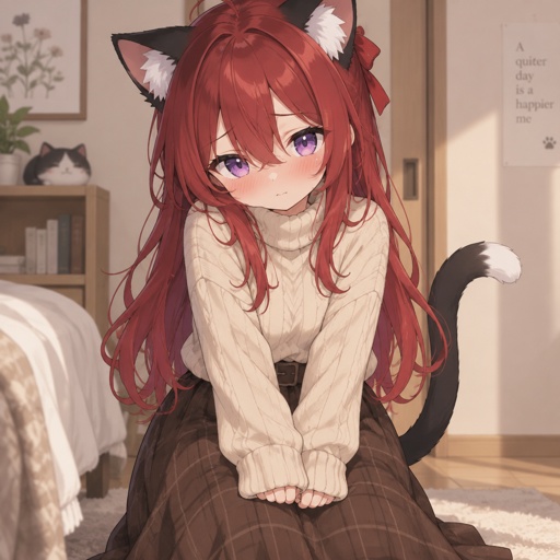 Female tuxedo cat furry, cream sweater, long brown skirt, long red hair, purple eyes, very attractive, short, shy,blushing
