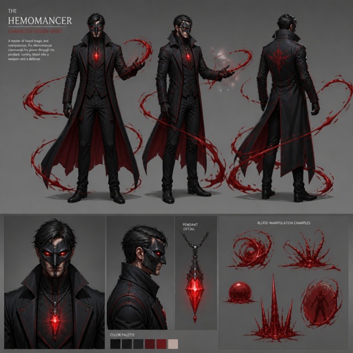 Male super Villian with blood manipulation, mask, pendant that gives him powers, multiple of the same character