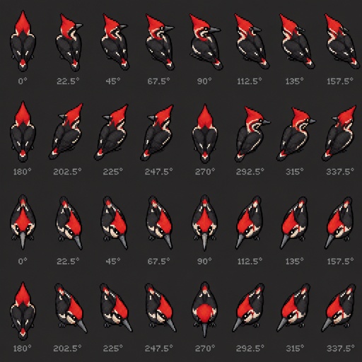 Woodpecker for a fantasy game set in modern times, top-down style, 360