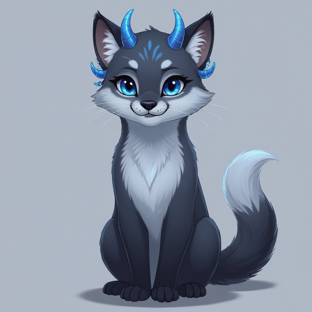 Make an image of a fursona Species: Otter–Cat Hybrid (Jaguarundi-inspired) Pronouns: They/them Eyes: Deep blue, glowing softly against silver-prismatic fur Fur: Smooth silver with subtle prismatic blue shimmer in the light Tail: Long and sleek, fluffy at the end Horns: Small curved silver-blue horns Piercings: nose and Medusa plus a few ears piecings