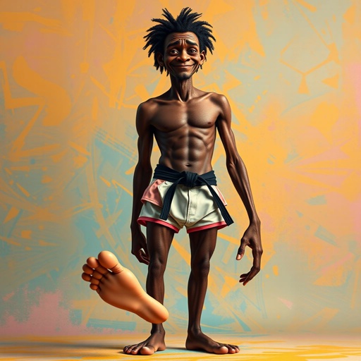 Create a character who looks like a funny African karate guy who doesn’t have a clue what he is doing. Make him have weird toes, only speedos on and a black karate belt. Make him tall skinny and slinky.