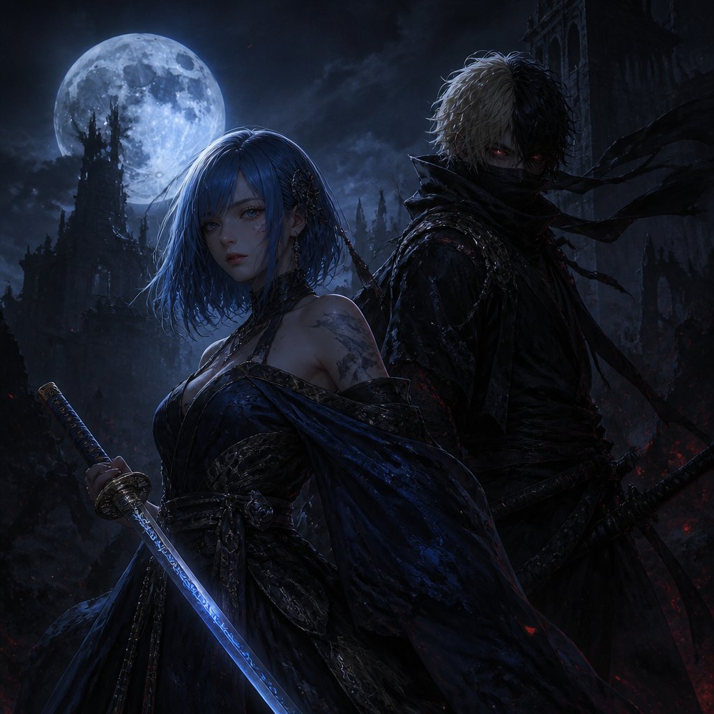 moon girl with long bob blue hair with sword and half blonde black black hair man ninja