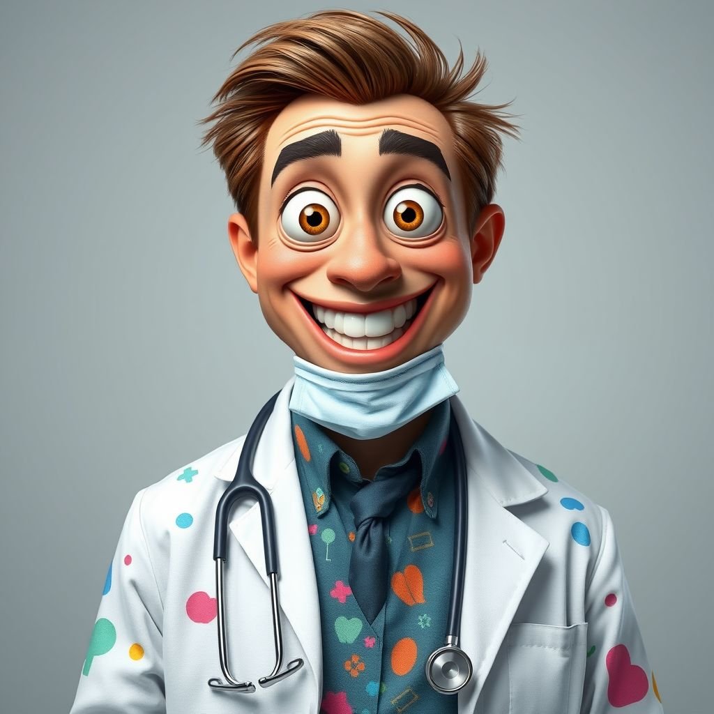 create a doctor. Who is funny human looking from head to toe. And he always immediately results to surgery for anything even small things. So please be sure to show his whole outfit head to toe. Make him have only 1 tooth