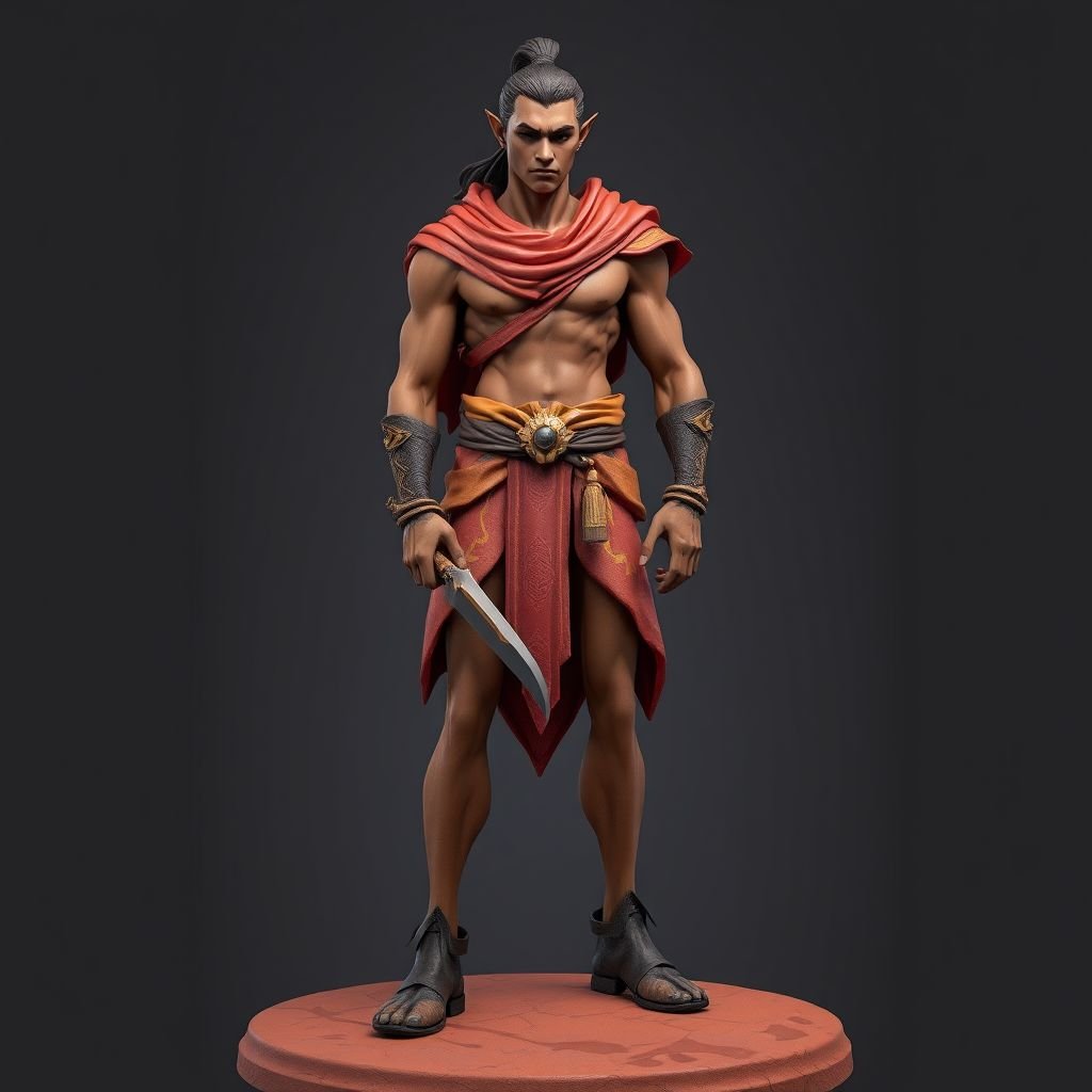 Create handsome hero Rhen the Fire – A lean, muscular man. He wears layered, flowing desert robes dyed in warm reds and golds, with scorch marks where flames have licked them. A curved blade hangs at his hip. Show whole body head to toe including her shoes.
